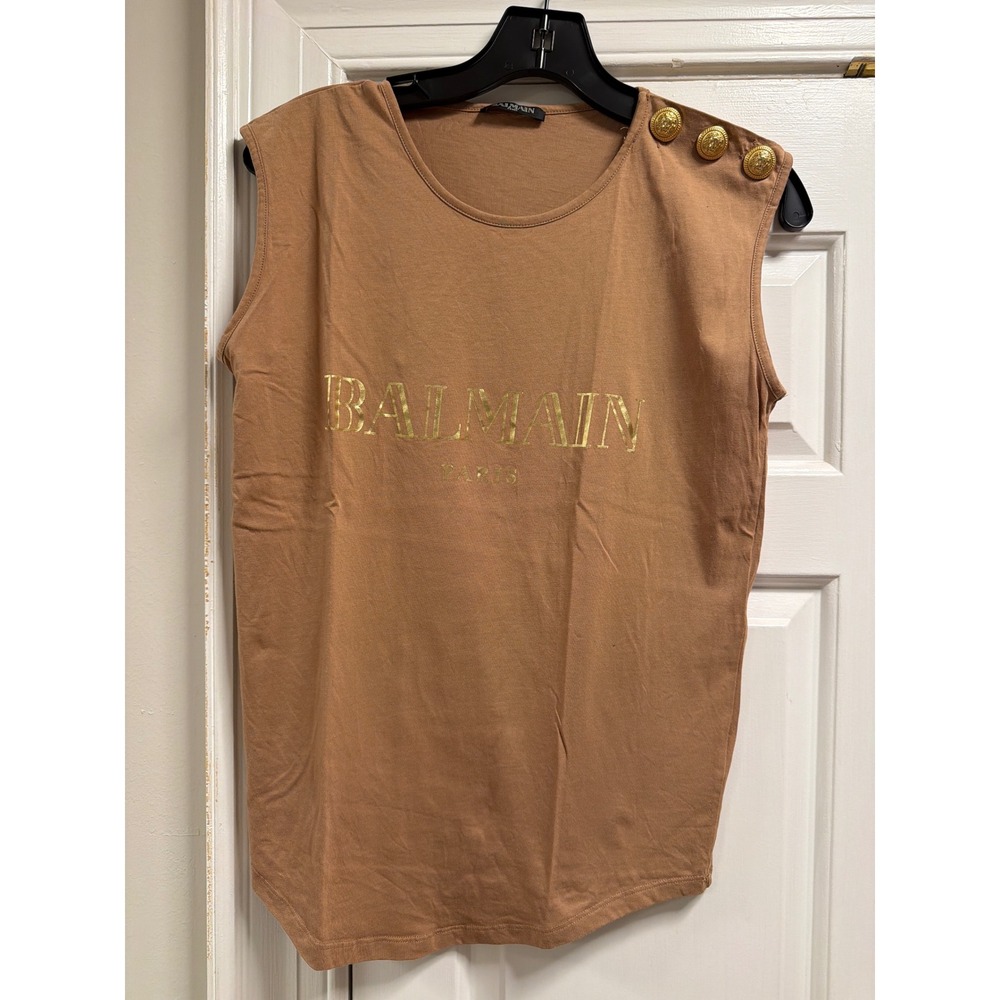Balmain Paris Tan Cotton Sleeveless Muscle Tee Gold Logo Button Shoulder Top 38